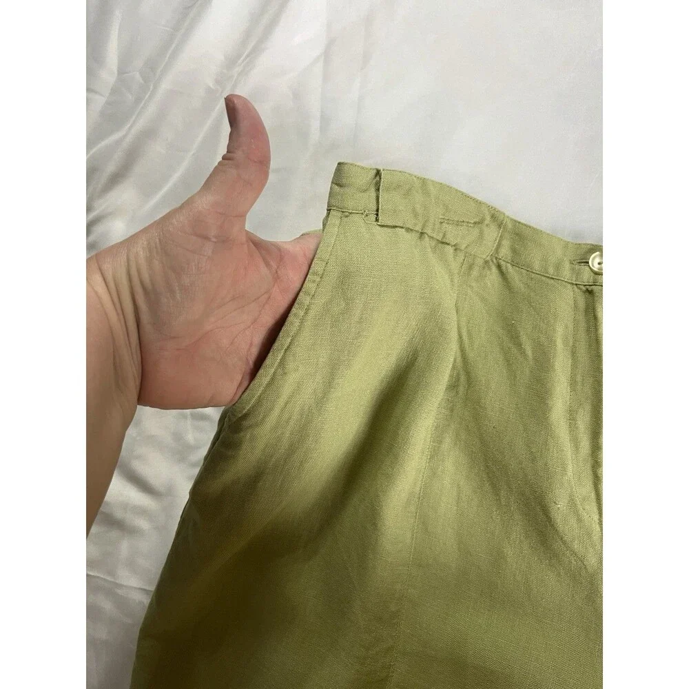 JM Collection Pants Size 16 100% Linen Green Beaded Embellished Leg Hem Pockets